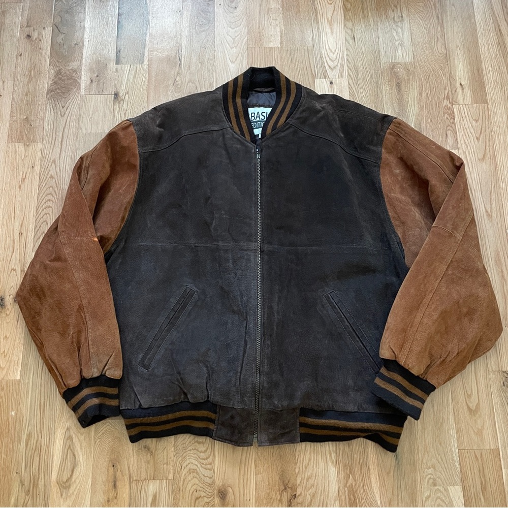 Vintage 90’s Basic Editions Suede Leather Zip Up Brown Varsity Bomber Jacket